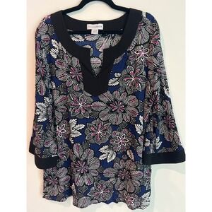 Sag Harbor Women's XL Blue Floral Tunic Top Long Sleeve V Neck Business Casual
